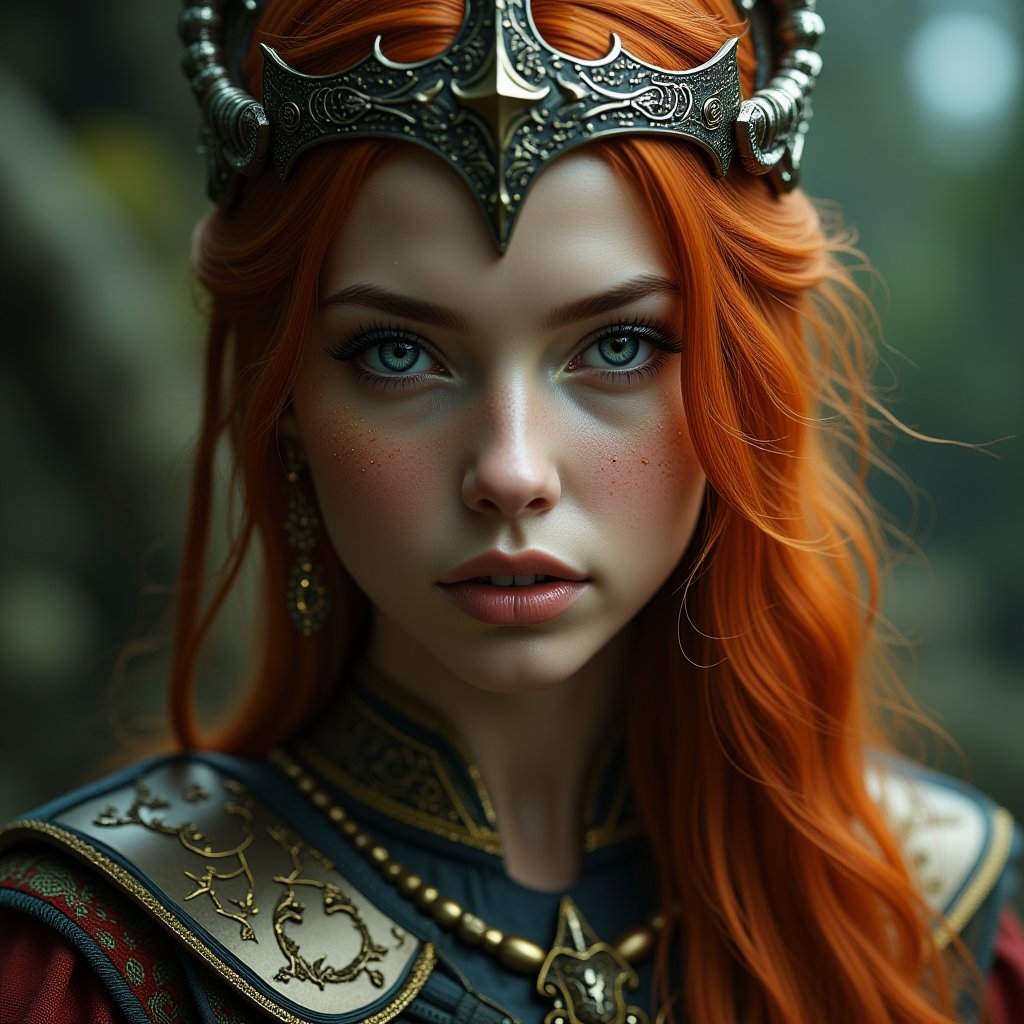 Vikings concept art Midjourney, MJ, Midjourney style, realism, cinematic quality, macro. ai copilot conceptual creative hyperrealistic. Young sexy woman, 27 years old, red hair, with triangular chin.