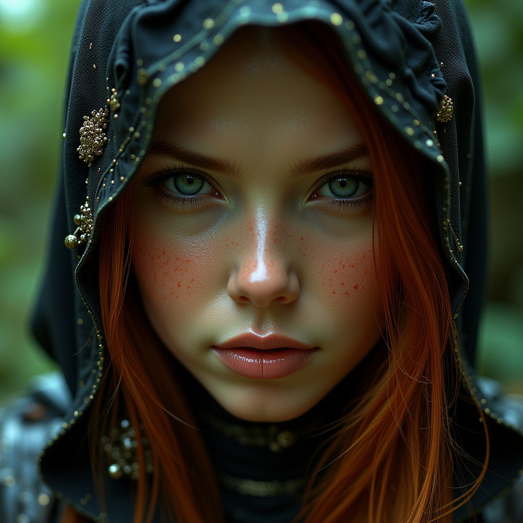 Assasin's Creed concept art Midjourney, MJ, Midjourney style, realism, cinematic quality, macro. ai copilot conceptual creative hyperrealistic. Young sexy woman, 27 years old, red hair, with triangular chin.