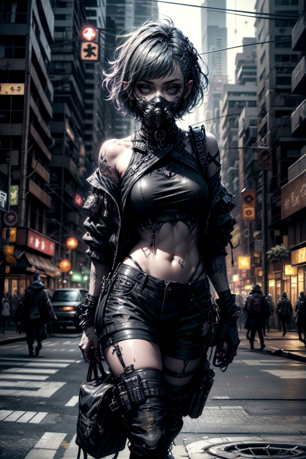 (masterpiece), (best quality), 1girl, solo girl, pixie cut hair, wearing a black halter top, small breast, bare midriff, exposed midriff, leaning on wall with shoulder, wears long black cargo pants with boots, BREAK, has Day of the Dead mask painted on the face, detailed mask, BREAK, big green eyes, highly detailed, BREAK, city background, cinematic lighting, vibrant, 8k resolution, highly detailed, ultra-realistic, bright_background, backlit