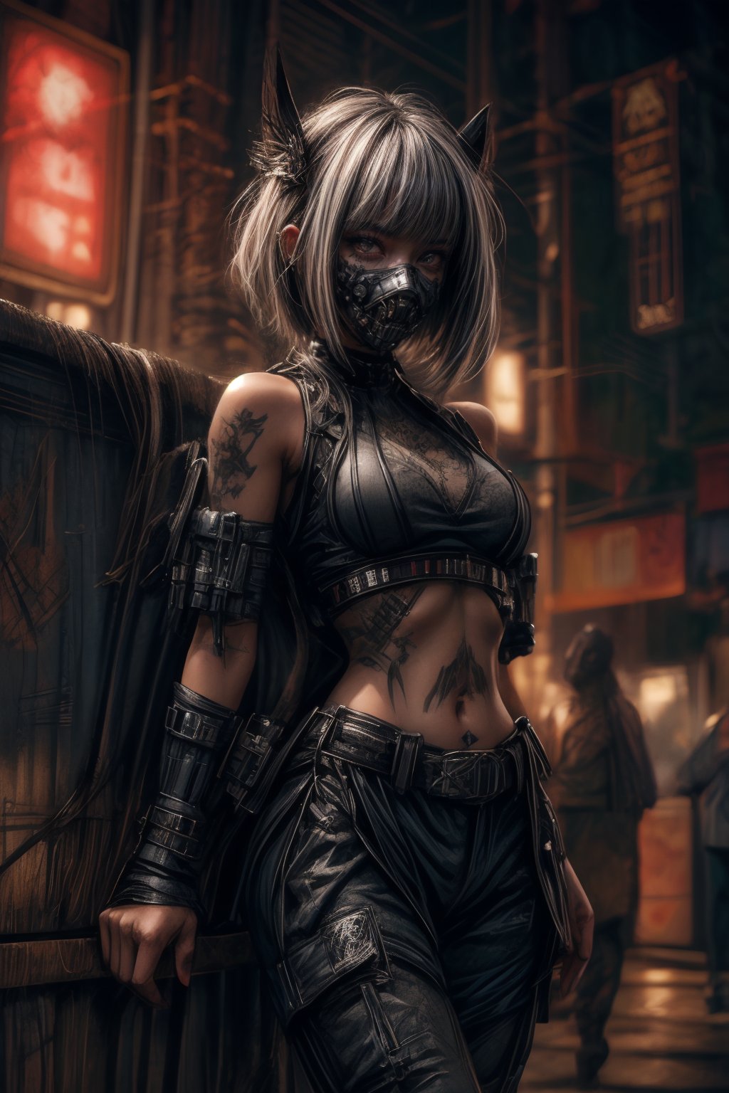 (masterpiece), (best quality), 1girl, solo girl, pixie cut hair, wearing a black halter top, small breast, bare midriff, exposed midriff, leaning on wall with shoulder, wears long black cargo pants with boots, BREAK, has Day of the Dead mask painted on the face, detailed mask, BREAK, big green eyes, highly detailed, BREAK, city background, cinematic lighting, vibrant, 8k resolution, highly detailed, ultra-realistic, bright_background, backlit