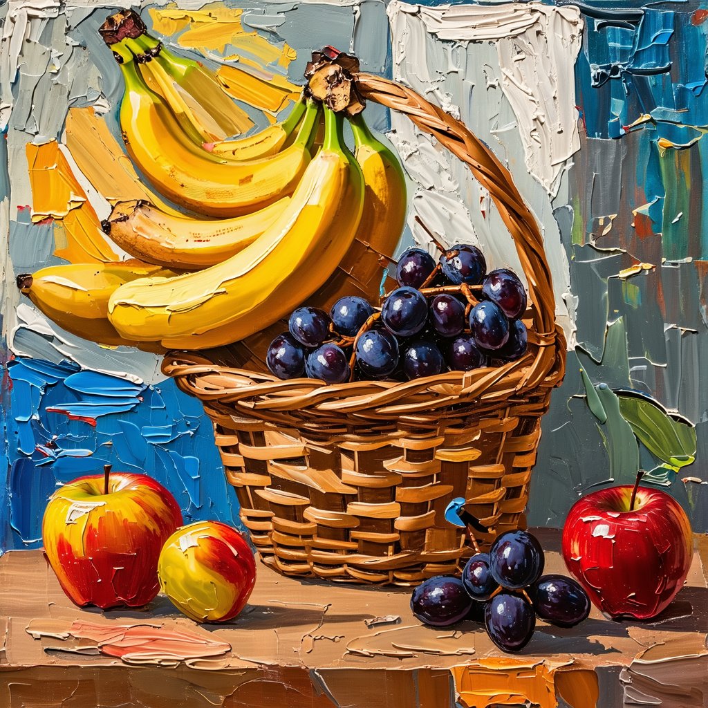 Acrylic, impasto, impasto painting style with acrylic, thick and textured palette knife strokes, thick impasto. On a table, there is a basket containing bananas, apples, and black grapes.,Acrylic-impasto