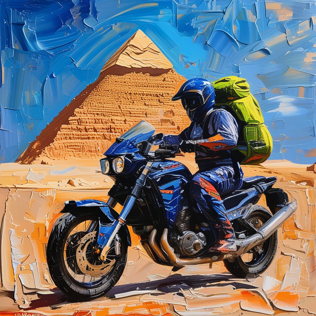 Acrylic, impasto, impasto painting style with acrylic, thick and textured palette knife strokes, thick impasto, striking and surreal imagery. Background image of the pyramids of Egypt. In the foreground, a Kawasaki motorcycle specially designed for road trips. A motorcycle helmet and a travel backpack are also visible. No humans visibles. Impasto.