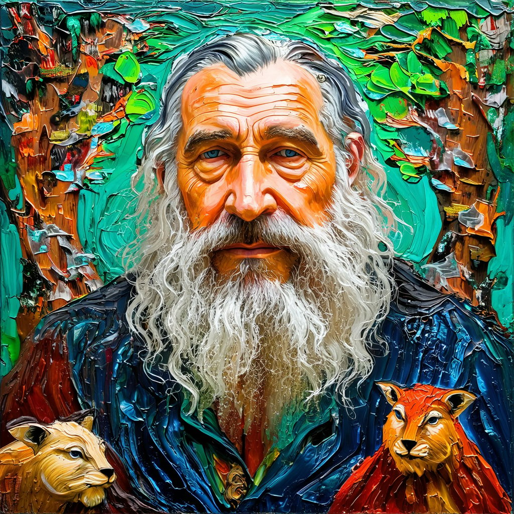 Impasto technique with acrylics. Thick and strong movements with the palette knife. Bright and contrasting colors. Marked textures with a lot of relief. Design the portrait of a Celtic druid. He is a noble and lively elder. He is surrounded by an enchanted forest and fantastic animals. Acrylic-impasto