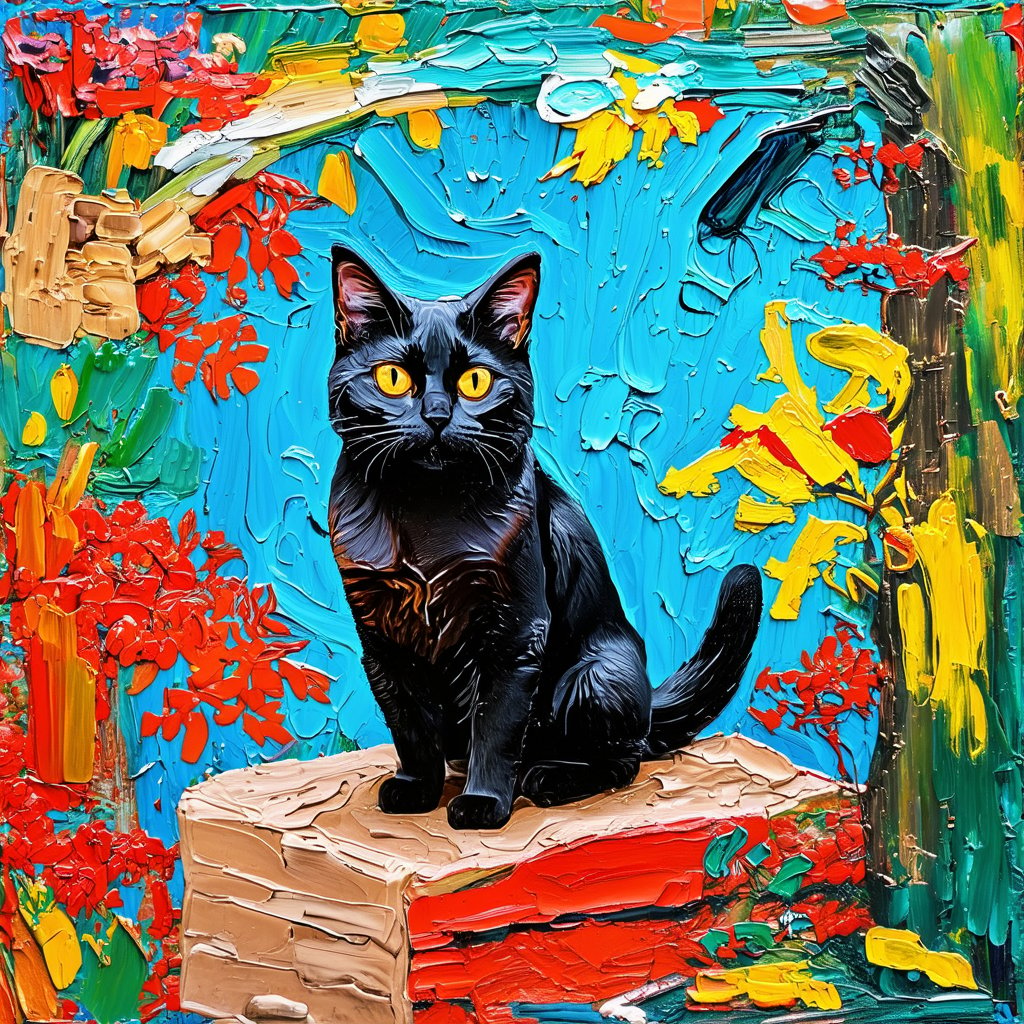 Impasto technique with acrylic. Thick and strong palette knife movements. Vivid and contrasting colors. Marked and prominent textures.
A black cat sitting and looking towards the camera. Its yellow eyes shine playfully. The tail remains undulating. Everything set in a Japanese garden frame.,Acrylic-impasto