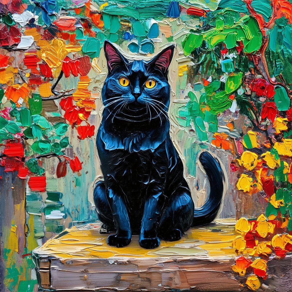 Impasto technique with acrylic. Thick and strong palette knife movements. Vivid and contrasting colors. Marked and prominent textures.
A black cat sitting and looking towards the camera. Its yellow eyes shine playfully. The tail remains undulating. Everything set in a Japanese garden frame.,Acrylic-impasto