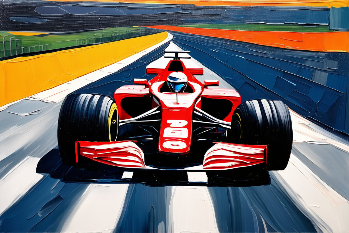 A Formula One race car crossing the finish line, impasto-acrylic