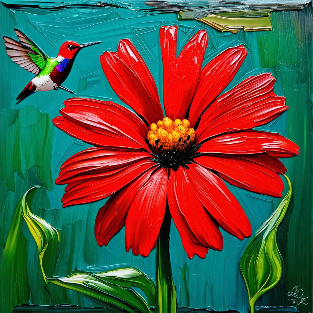 A hummingbird hovers in the air while sipping from a large red flower. impasto-acrylic