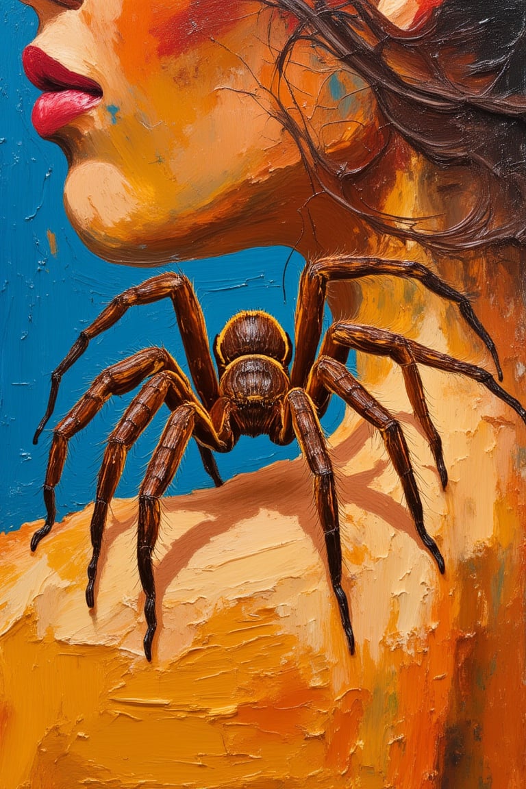 A brown and yellow and menacing tarantula walks across the shoulder of a woman. impasto-acrylic