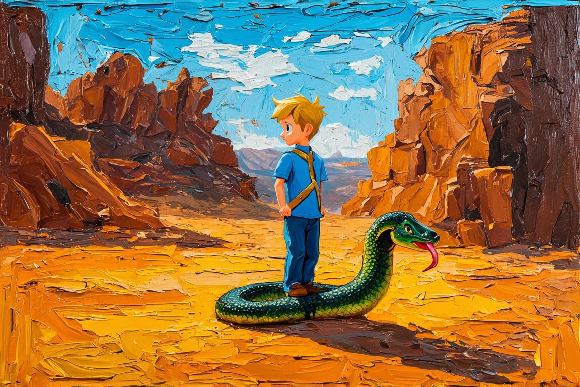 Vibrant and textured depiction of the Little Prince's encounter with the snake, executed in bold acrylic-impasto strokes. Thick layers of paint on the palette knife create raised reliefs, mimicking the rugged terrain as the prince cautiously approaches the coiled serpent. Bright blues and yellows clash against rich browns, echoing the desert landscape. The snake's sinuous body undulates, its forked tongue darting in and out, as the Little Prince stands tall, his small stature emphasized by the massive, textured rocks behind him. Acrylic-impasto