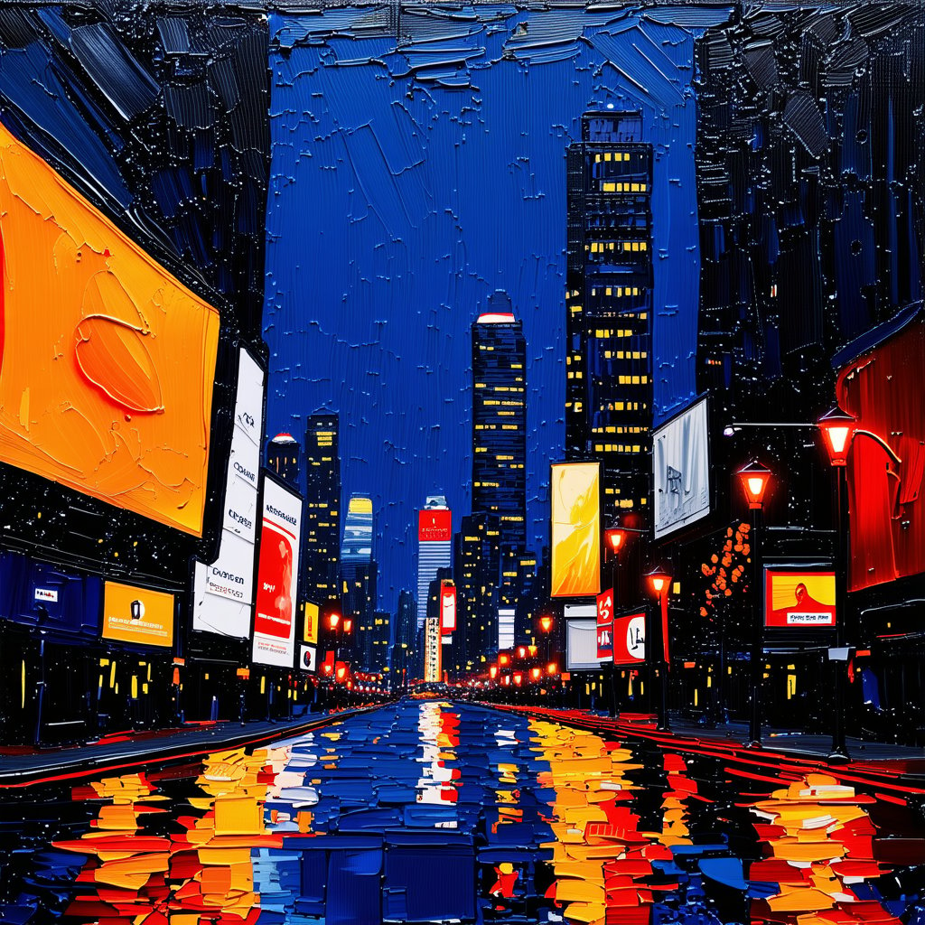 A cityscape at dusk: neon lights illuminate towering skyscrapers, their reflections rippling across darkened sidewalks. Bright billboards and streetlights cast a warm glow on bustling avenues, as the urban landscape comes alive under starry night skies.,impasto-acrylic