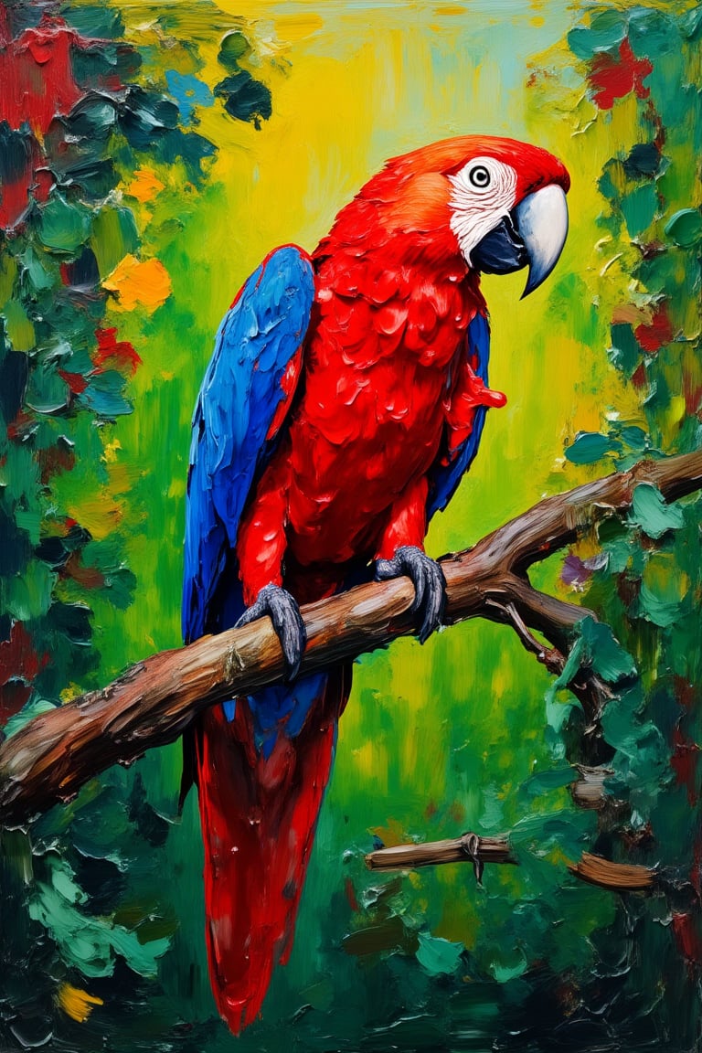 A macaw parrot on a branch in the jungle. impasto-acrylic