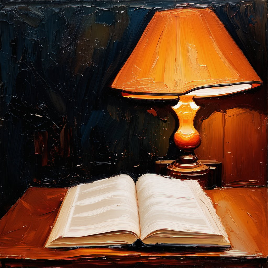 A dimly lit room with a worn wooden desk in the center. An open study book lies next to a warm glow of a table lamp, its soft light casting a gentle ambiance on the pages and surrounding surfaces. impasto-acrylic