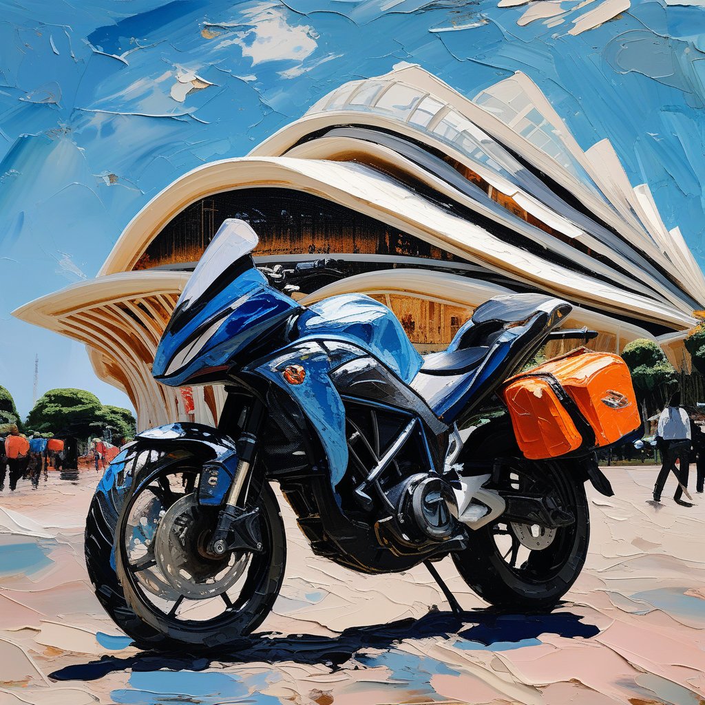 Acrylic, impasto, impasto painting style with acrylic, thick and textured palette knife strokes, thick impasto, striking and surreal imagery. Background image of the Sydney Opera House. In the foreground, a Kawasaki motorcycle specially designed for road trips. A motorcycle helmet and a travel backpack are also visible. No humans visibles. Impasto.