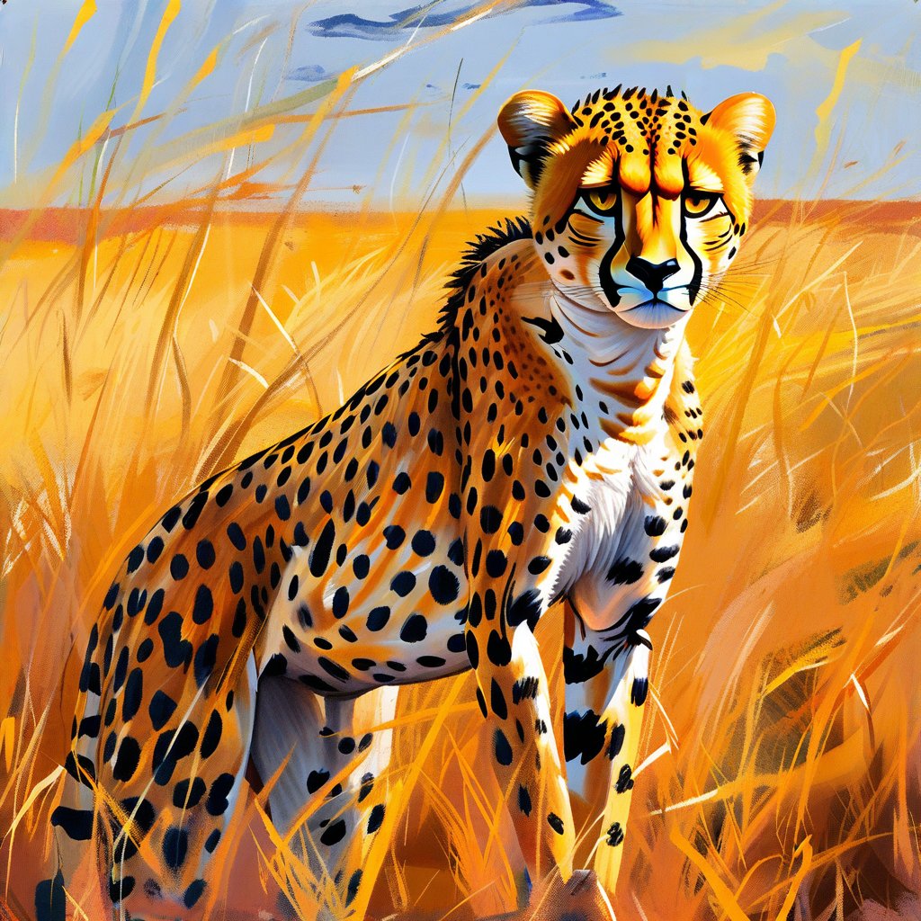 A majestic cheetah stands full-body tall amidst vibrant African savanna, sunlight casting long shadows across golden grasses as it surveys its territory with piercing yellow eyes and perked ears. Warm, textured brushstrokes evoke the tawny coat's dewy glisten and untamed spirit against a warm backdrop of thickly applied impasto strokes, blended knife-like to create a rugged, three-dimensional landscape. Impasto.