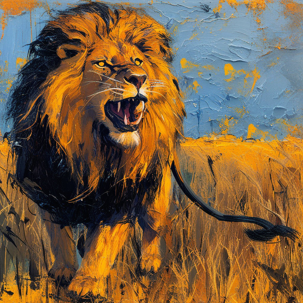 Acrylic, impasto, impasto painting style with acrylic, thick and textured palette knife strokes, thick impasto, striking and surreal imagery. An impressive male African lion with its large mane and fierce yellow eyes. Its mouth opens in a roar, revealing its threatening fangs. The entire scene is framed by the vast African savanna, with its typical grasslands and isolated trees. The wild essence of its species captured in the image. Impasto. Impasto.