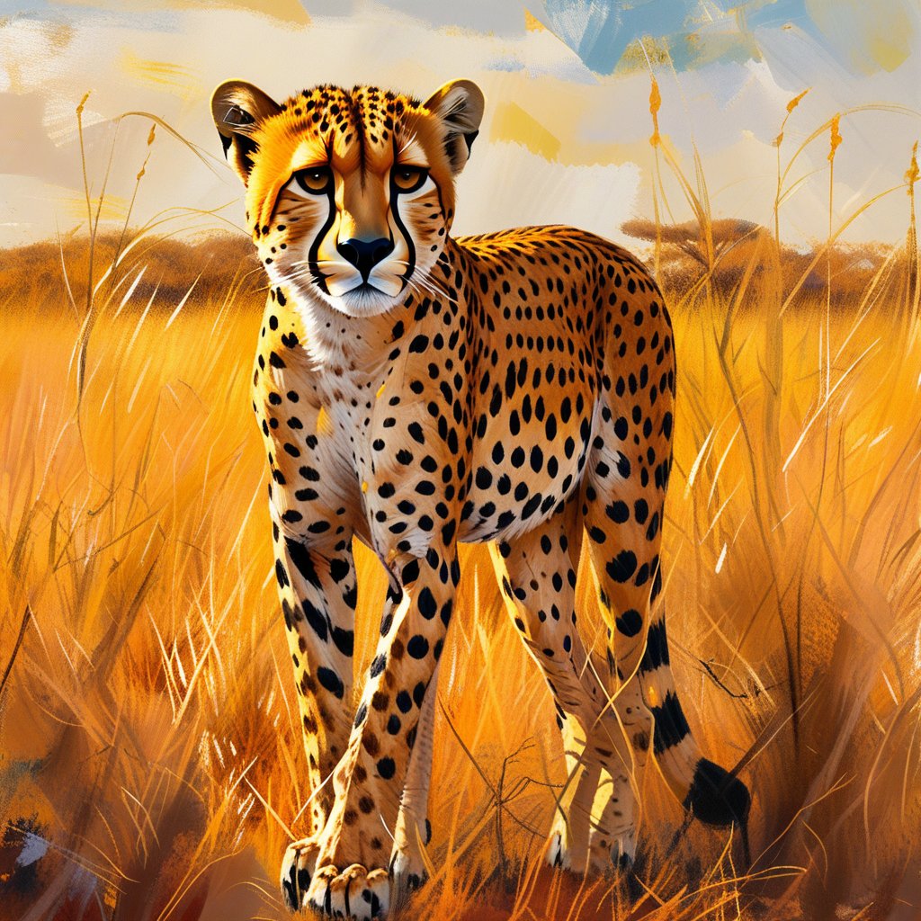 A majestic cheetah stands full-body tall amidst vibrant African savanna, sunlight casting long shadows across golden grasses as it surveys its territory with piercing yellow eyes and perked ears. Warm, textured brushstrokes evoke the tawny coat's dewy glisten and untamed spirit against a warm backdrop of thickly applied impasto strokes, blended knife-like to create a rugged, three-dimensional landscape. Impasto.