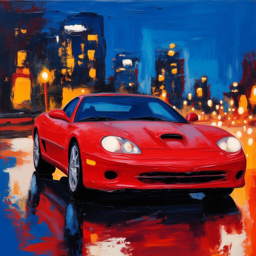 A masterpiece painting of a red sports car with its headlights on. In the background, a city can be seen at night. impasto-acrylic