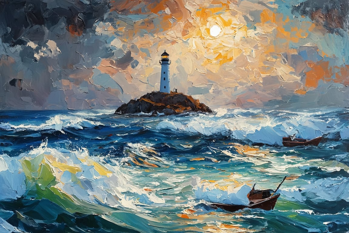 Impasto technique with acrylic. Thick and strong movements with the spatula. Bright and contrasting colors. Marked textures with great relief giving the sensation of three dimensions. The spatula creates the image of a lighthouse on a small island in the sea. The dark and stormy night. The bright light of the lighthouse guides the small fishing boats that hold on in rough seas. Acrylic-impasto