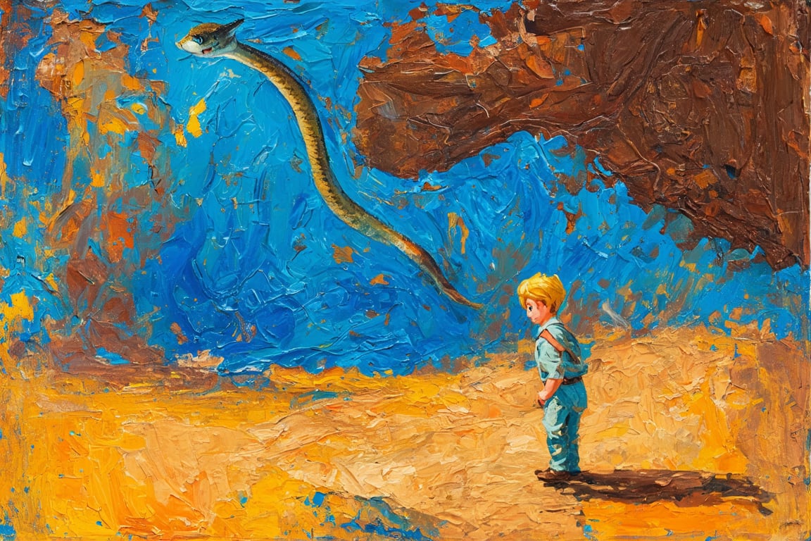 Vibrant and textured depiction of the Little Prince's encounter with the snake, executed in bold acrylic-impasto strokes. Thick layers of paint on the palette knife create raised reliefs, mimicking the rugged terrain as the prince cautiously approaches the coiled serpent. Bright blues and yellows clash against rich browns, echoing the desert landscape. The snake's sinuous body undulates, its forked tongue darting in and out, as the Little Prince stands tall, his small stature emphasized by the massive, textured rocks behind him. Acrylic-impasto