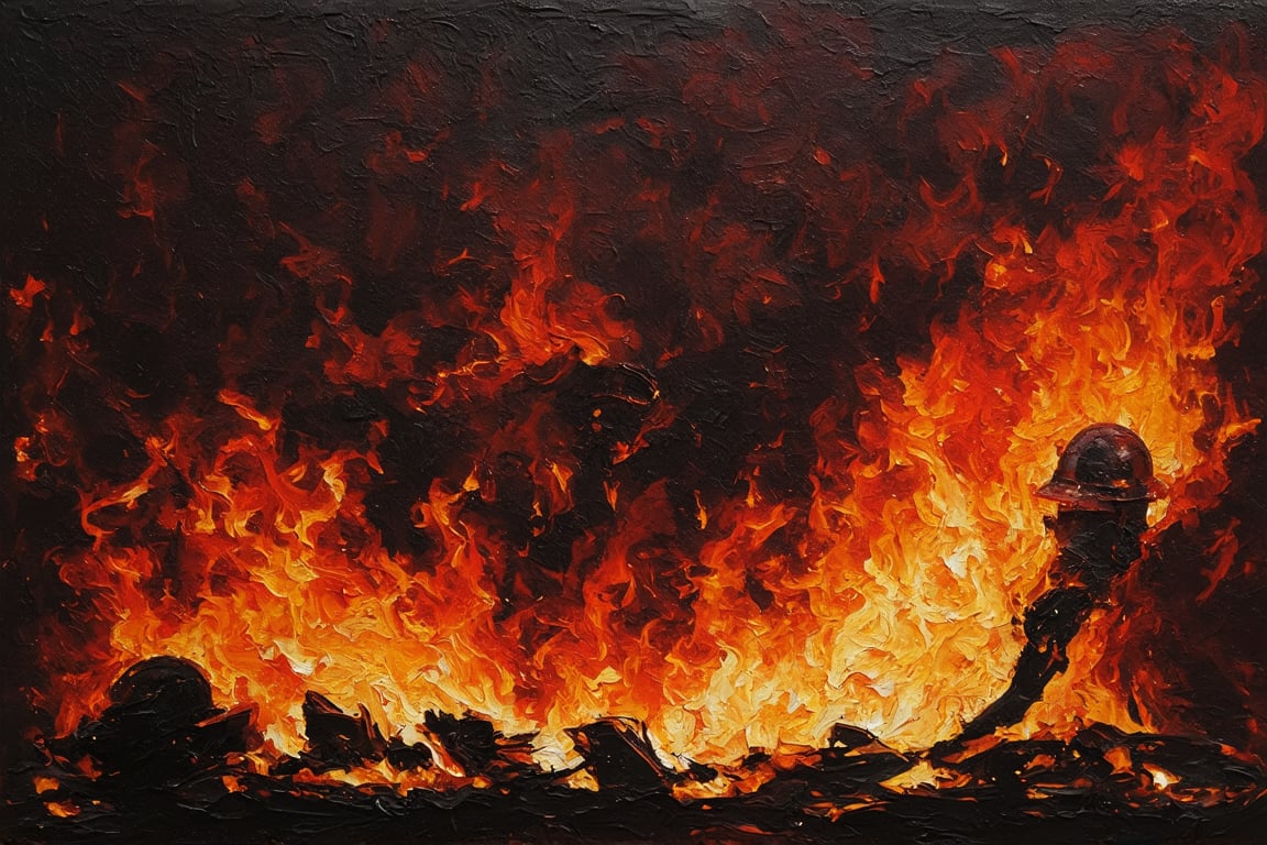 Flickering Inferno: A digital abstract masterpiece.

In a canvas of smoldering orange and crimson hues, thick brushstrokes dance with fervor, as if embers from a raging fire. Vivid strokes of yellow and red flame-like tendrils twirl, like tongues licking the air. Fluid brushwork conjures wispy smoke curling upward, carrying the whispers of forgotten knowledge.

In the foreground, dark silhouettes of firefighters' helmets and masks seem to hover, as if suspended in the fiery vortex. The totalitarian regime's grip is palpable, its suffocating presence felt through the heavy shadows. Burning books, once treasured wisdom, now reduced to smoldering ash, are scattered across the canvas like charred offerings.

The composition is dynamic, with bold brushstrokes and textured impasto evoking a sense of chaos and urgency. The overall effect is a dystopian dreamscape, where knowledge is consumed by flames, and freedom is lost in the haze of smoke and ignorance.,Abstract