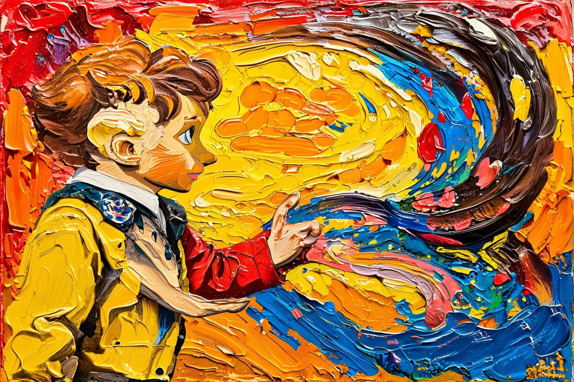 Impasto technique with acrylics. Thick and strong movements with the palette knife. Bright and contrasting colors. Marked textures with a lot of relief. Image of the encounter between the Little Prince and the snake in the tale by Saint-Exupéry. Acrylic-impasto