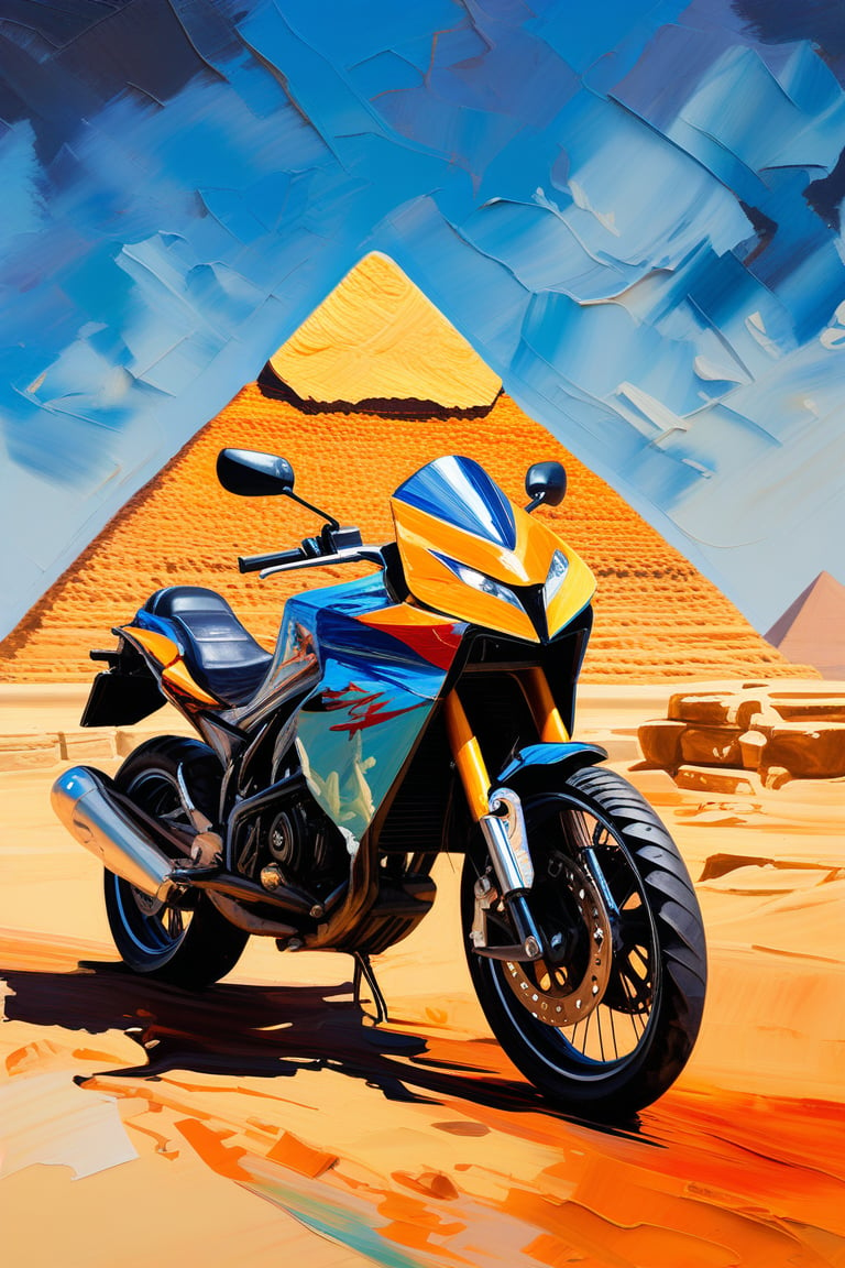 Acrylic, impasto, impasto painting style with acrylic, thick and textured palette knife strokes, thick impasto, striking and surreal imagery. Background image of the pyramids of Egypt. In the foreground, a Kawasaki motorcycle specially designed for road trips. A motorcycle helmet and a travel backpack are also visible. No humans visibles. Impasto.