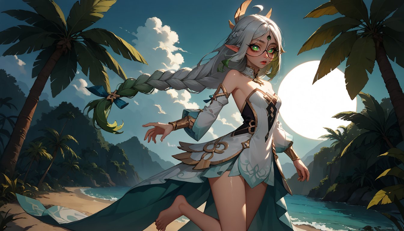 score_9, score_8_up, score_7_up, solo, (long lashes:1.1), zPDXL2, a huge tropical island beach and a beautiful ocean, warm lighting, oiled skin, petite, dynamic pose, rukkhadevata_\(genshin_impact\), pointy_ears, white_dress, bare_shoulders, detached_sleeves, cross-shaped_pupils, spoilers, barefoot, gold_trim, strapless_dress, single_braid, white hair and green hair, sfw