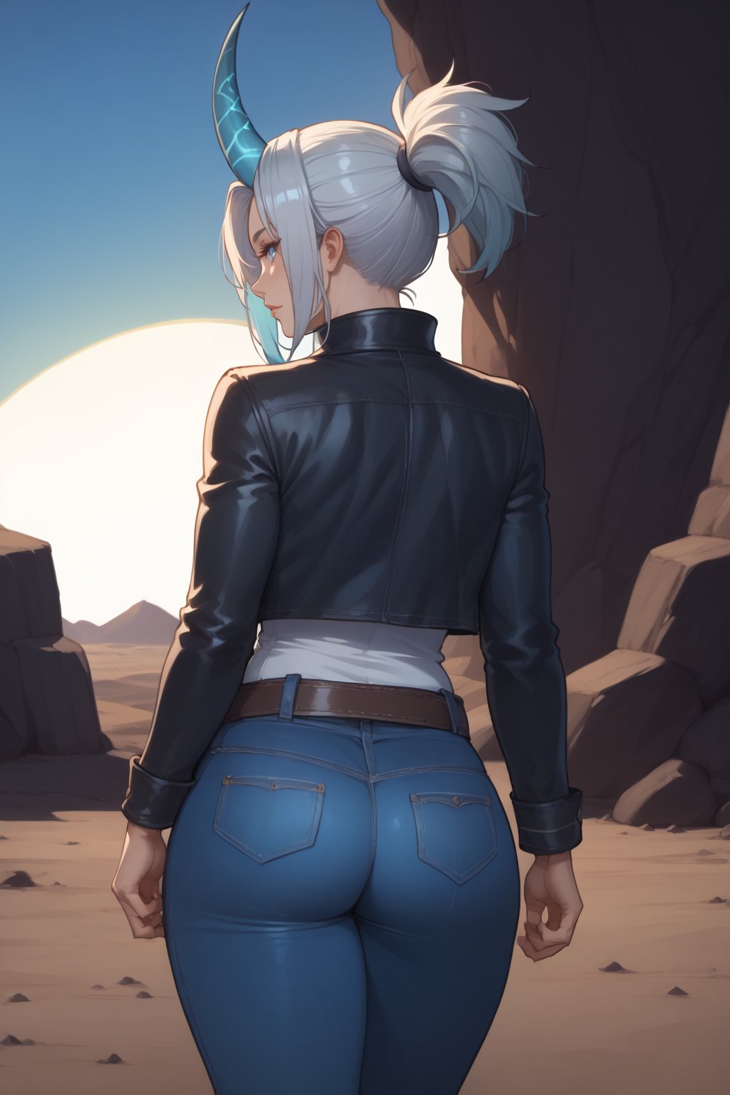 Here is a coherent and stable diffusion prompt based on your input:

Create an ultra-detailed, masterpiece-level illustration of a stunning elvish monster girl, 26 years old, with light silver hair tied in an aquamarine-hued ponytail and adorned with long horns. She stands in a desert landscape, wearing a leather jacket, blue jeans, and a leather belt, her scales glistening in the spectacular lighting. Her well-endowed body is showcased, featuring large breasts, well-formed hips, and a perfectly toned buttocks. The camera captures her from behind, walking off into the sunset, with a hint of cleavage visible. The scene is set against a breathtaking HDR background with depth of field, 8K quality, and Ray tracing, showcasing intricate details and perfect anatomy. The illustration should feature vibrant colors, high contrast, and the best texture quality possible.