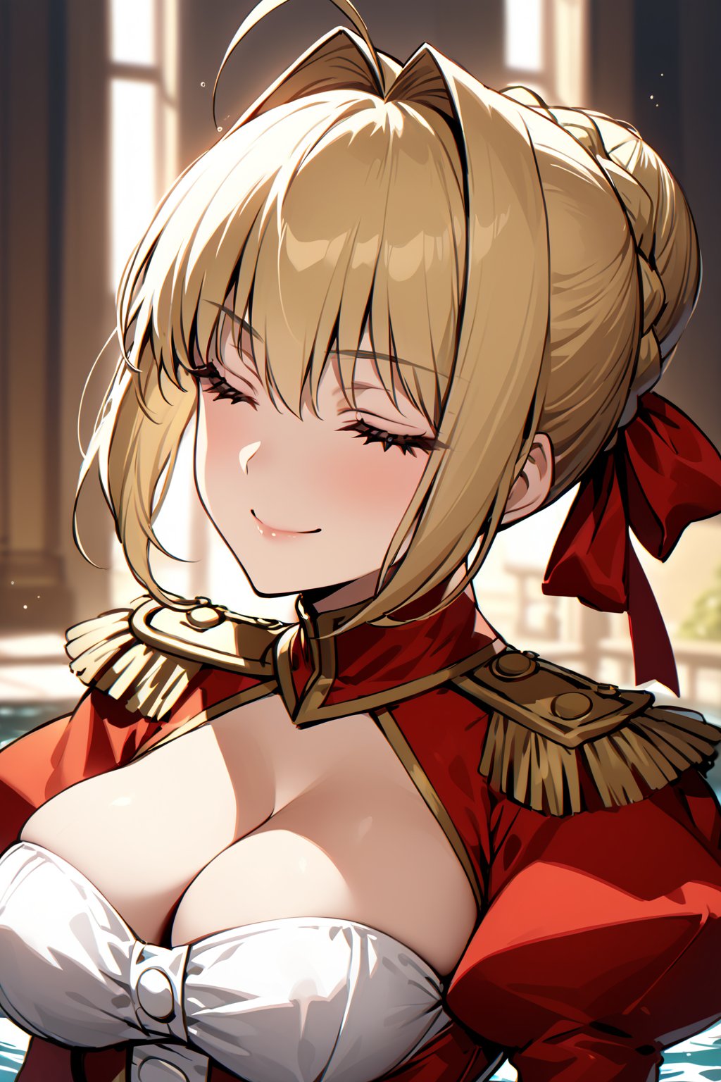 masterpiece,best quality,ultra-detailed,high resolution,perfect anatomy,beautiful detailed eyes,more detail XL, 1girl, solo, breasts, smile, bangs, blonde hair, large breasts, long sleeves, dress, ribbon, cleavage, medium breasts, closed mouth, closed eyes, hair ribbon, braid, flower, ahoge, sidelocks, puffy sleeves, water, hair bun, rose, hair intakes, red dress, single hair bun, juliet sleeves, french braid, epaulettes, yellow flower, nero claudius \(fate\), nero claudius \(fate/extra\), Fate Grand Order,