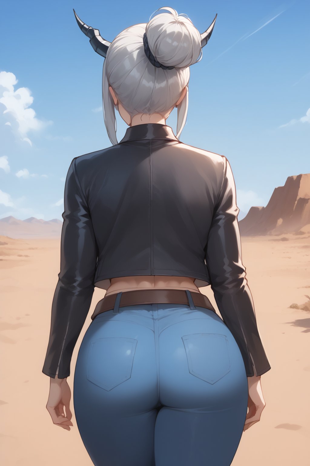 Here is a coherent and stable diffusion prompt based on your input:

Create an ultra-detailed, masterpiece-level illustration of a stunning elvish monster girl, 26 years old, with light silver hair tied in an aquamarine-hued ponytail and adorned with long horns. She stands in a desert landscape, wearing a leather jacket, blue jeans, and a leather belt, her scales glistening in the spectacular lighting. Her well-endowed body is showcased, featuring large breasts, well-formed hips, and a perfectly toned buttocks. The camera captures her from behind, walking off into the sunset, with a hint of cleavage visible. The scene is set against a breathtaking HDR background with depth of field, 8K quality, and Ray tracing, showcasing intricate details and perfect anatomy. The illustration should feature vibrant colors, high contrast, and the best texture quality possible.