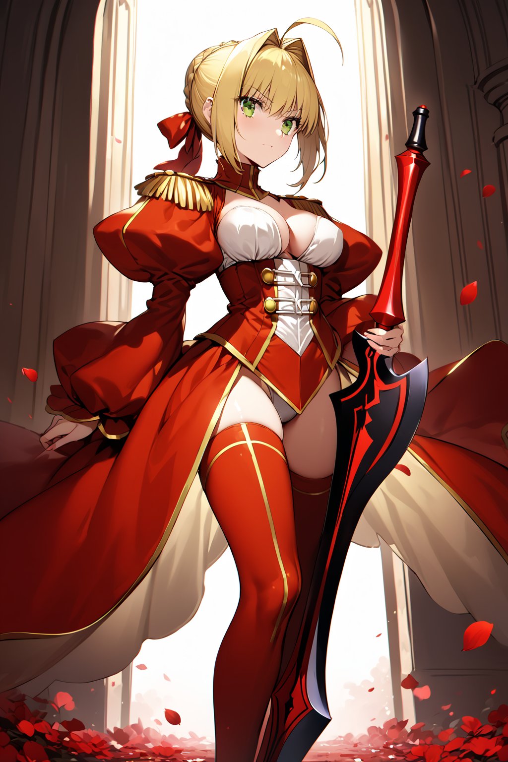 masterpiece,best quality,ultra-detailed,high resolution,perfect anatomy,beautiful detailed eyes,more detail XL, 1girl, solo, breasts, blonde hair, dress, ribbon, holding, medium breasts, green eyes, hair ribbon, weapon, ahoge, sword, holding weapon, petals, holding sword, red dress, epaulettes, aestus estus, nero claudius \(fate\), nero claudius \(fate/extra\), Fate Grand Order,