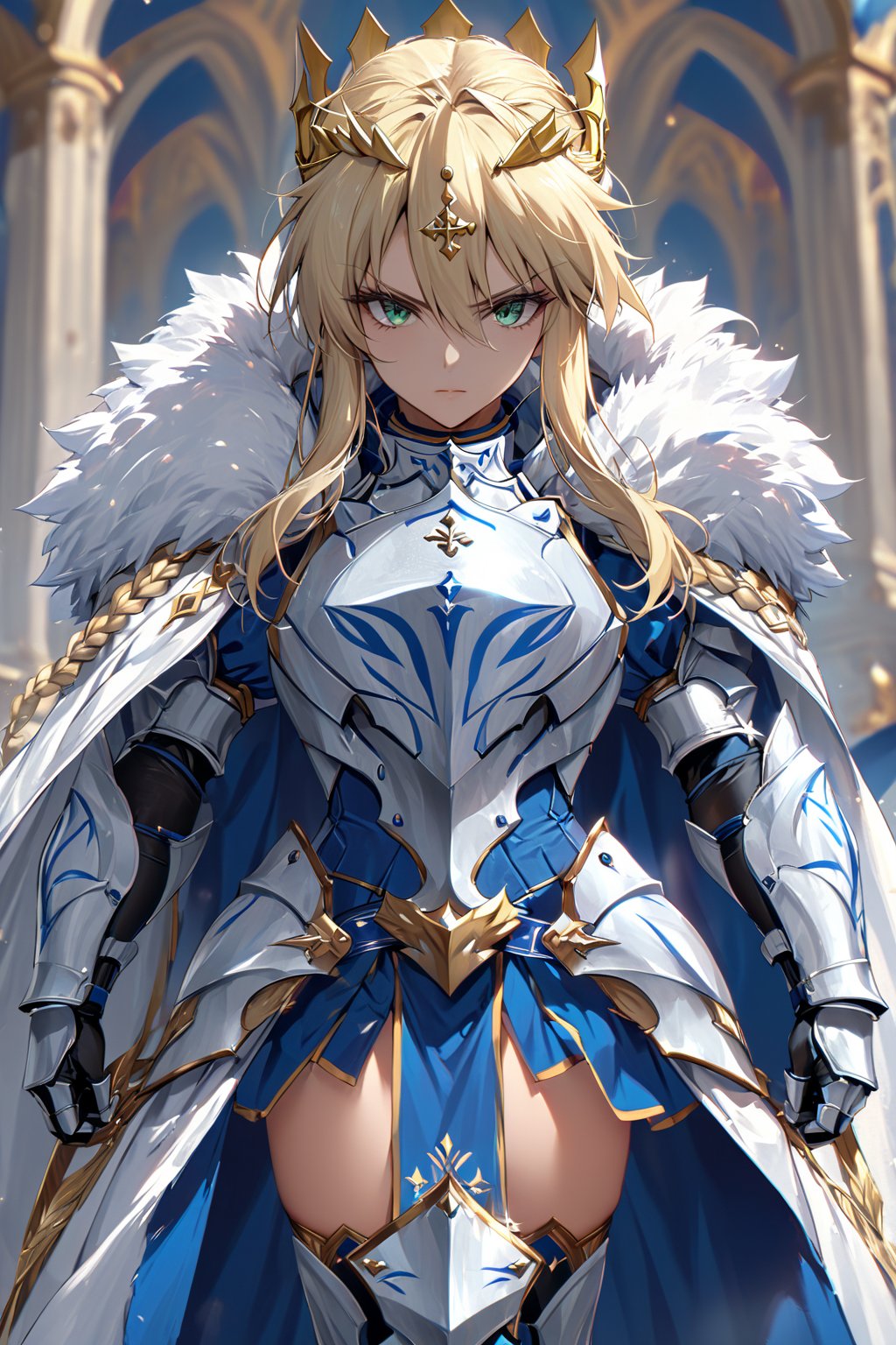 masterpiece,best quality,ultra-detailed,high resolution,perfect anatomy,beautiful detailed eyes,more detail XL, 1girl, solo, long hair, looking at viewer, blonde hair, thighhighs, hair between eyes, closed mouth, green eyes, braid, sidelocks, cape, armor, fur trim, crown, gauntlets, french braid, serious, breastplate, braided bun, fur-trimmed cape, artoria pendragon \(fate\), artoria pendragon \(lancer\) \(fate\), Fate Grand Order, HKSTYLE