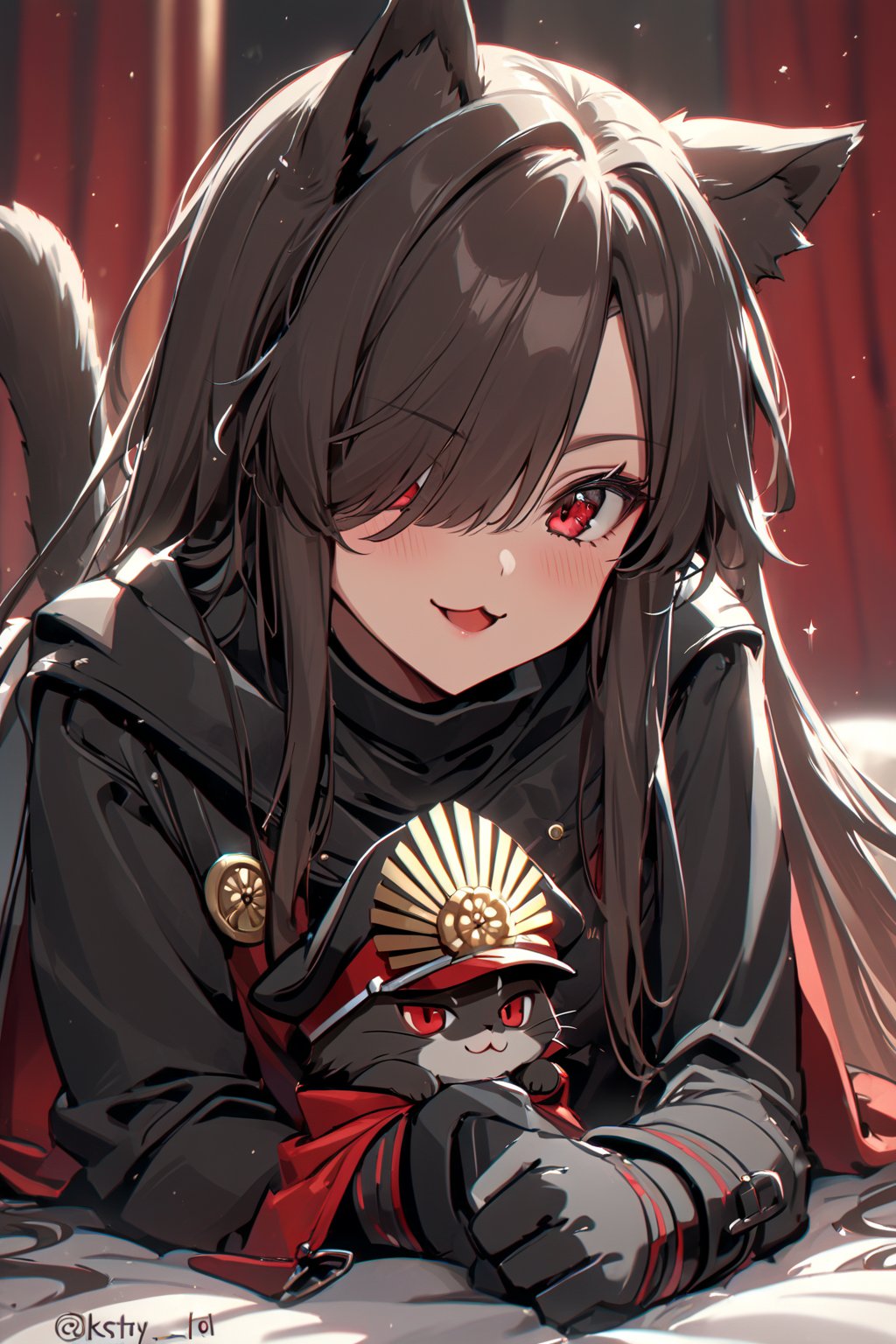 masterpiece,best quality,ultra-detailed,high resolution,perfect anatomy,beautiful detailed eyes,more detail XL, 1girl, long hair, looking at viewer, smile, open mouth, bangs, brown hair, red eyes, gloves, long sleeves, animal ears, jacket, tail, lying, cat ears, chibi, twitter username, hair over one eye, cat tail, :3, on stomach, kemonomimi mode, head rest, grey gloves, oda nobunaga \(fate\), oda nobunaga \(koha-ace\), Fate Grand Order, HKSTYLE