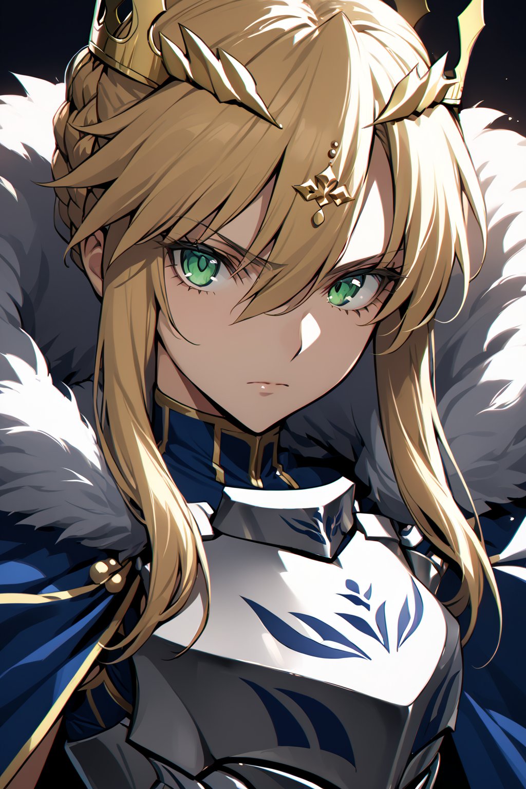 masterpiece,best quality,ultra-detailed,high resolution,perfect anatomy,beautiful detailed eyes,more detail XL, 1girl, solo, long hair, looking at viewer, blonde hair, thighhighs, hair between eyes, closed mouth, green eyes, braid, sidelocks, cape, armor, fur trim, crown, gauntlets, french braid, serious, breastplate, braided bun, fur-trimmed cape, artoria pendragon \(fate\), artoria pendragon \(lancer\) \(fate\), Fate Grand Order,