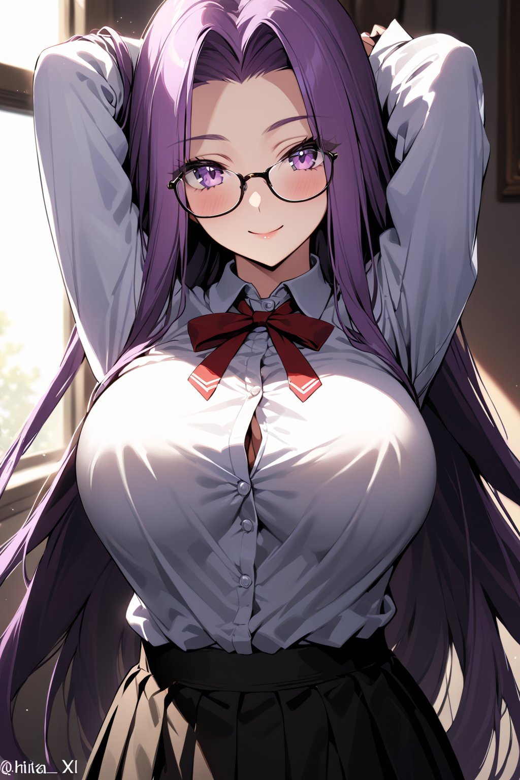 masterpiece,best quality,ultra-detailed,high resolution,perfect anatomy,beautiful detailed eyes,more detail XL, 1girl, solo, long hair, breasts, looking at viewer, smile, bangs, skirt, large breasts, shirt, long sleeves, ribbon, very long hair, school uniform, purple eyes, white shirt, purple hair, glasses, collared shirt, indoors, black skirt, twitter username, vest, arms up, red ribbon, parted bangs, window, neck ribbon, sunlight, arms behind head, long skirt, brown vest, homurahara academy school uniform, medusa \(fate\), medusa \(rider\) \(fate\),MEDUSA RIDER