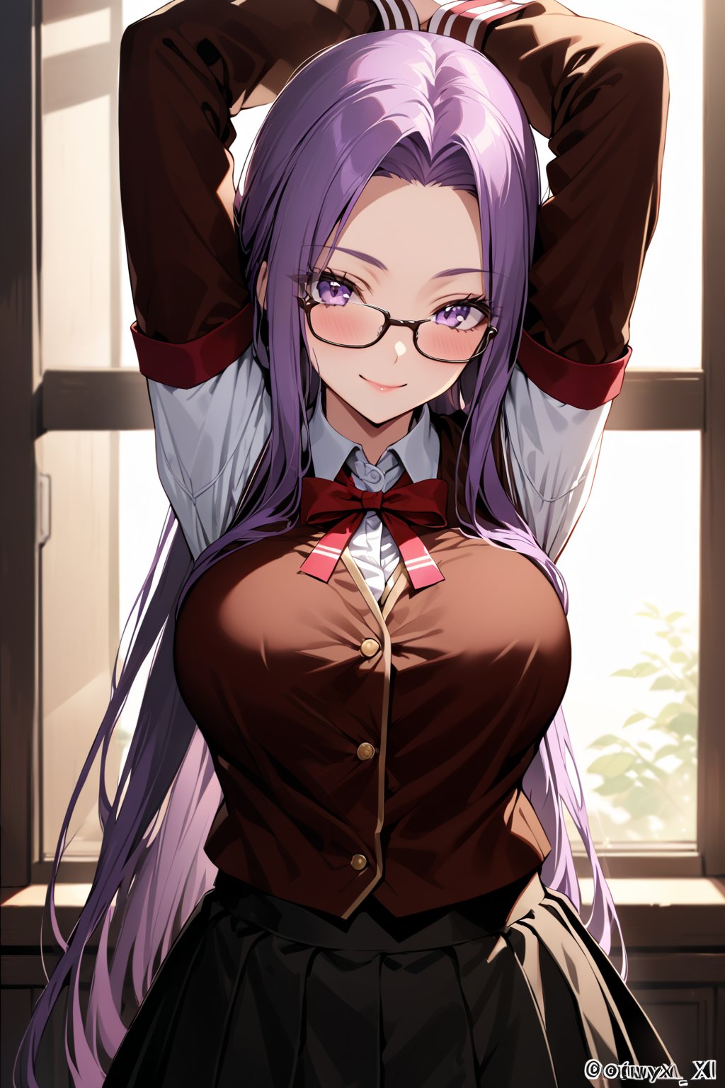 masterpiece,best quality,ultra-detailed,high resolution,perfect anatomy,beautiful detailed eyes,more detail XL, 1girl, solo, long hair, breasts, looking at viewer, smile, bangs, skirt, large breasts, shirt, long sleeves, ribbon, very long hair, school uniform, purple eyes, white shirt, purple hair, glasses, collared shirt, indoors, black skirt, twitter username, vest, arms up, red ribbon, parted bangs, window, neck ribbon, sunlight, arms behind head, long skirt, brown vest, homurahara academy school uniform, medusa \(fate\), medusa \(rider\) \(fate\),MEDUSA RIDER