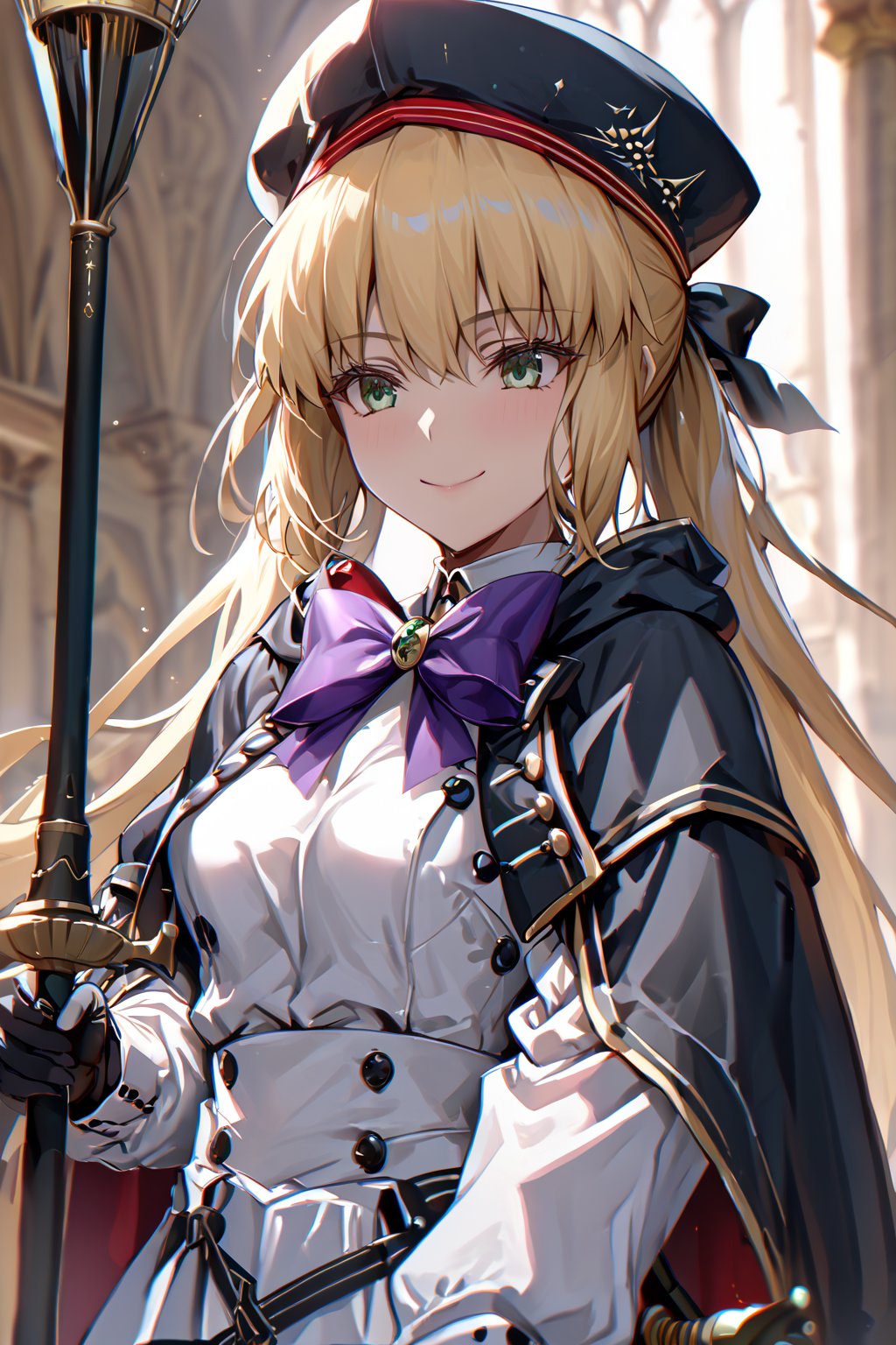 masterpiece,best quality,ultra-detailed,high resolution,perfect anatomy, well endowed body, perfect hands, perfect shape, perfct body,beautiful detailed eyes,more detail XL, 1girl, solo, long hair, smile, blonde hair, gloves, long sleeves, hat, bow, holding, hair between eyes, twintails, closed eyes, black gloves, cape, buttons, beret, staff, holding staff, artoria pendragon \(fate\), artoria caster \(fate\), artoria caster \(second ascension\) \(fate\), Fate Grand Order, HKSTYLE,Castoria