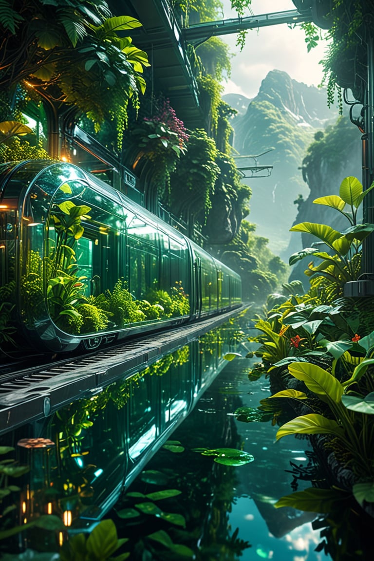 futuristic and cinematic scene, an advanced train with a sleek transparent glass exterior, traveling through a breathtaking landscape, with mountains on distant, the train's interior is filled with vibrant green plants, creating a miniature greenhouse effect, The surrounding environment is bathed in soft ethereal light filtering through gaps in the dense foliage, casting a glow on the reflective water below, the atmosphere is serene and otherworldly, combining elements of nature and futuristic technology, , , , 