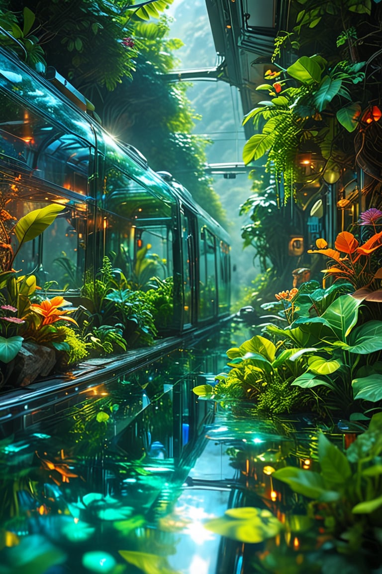 futuristic and cinematic scene, an advanced train with a sleek transparent glass exterior, traveling through a breathtaking landscape, with mountains on distant, the train's interior is filled with vibrant green plants, creating a miniature greenhouse effect, The surrounding environment is bathed in soft ethereal light filtering through gaps in the dense foliage, casting a glow on the reflective water below, the atmosphere is serene and otherworldly, combining elements of nature and futuristic technology, , , , 