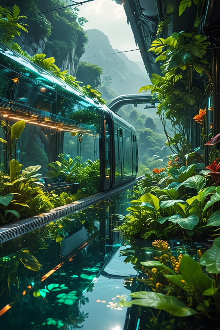 futuristic and cinematic scene, an advanced train with a sleek transparent glass exterior, traveling through a breathtaking landscape, with mountains on distant, the train's interior is filled with vibrant green plants, creating a miniature greenhouse effect, The surrounding environment is bathed in soft ethereal light filtering through gaps in the dense foliage, casting a glow on the reflective water below, the atmosphere is serene and otherworldly, combining elements of nature and futuristic technology, , , , 