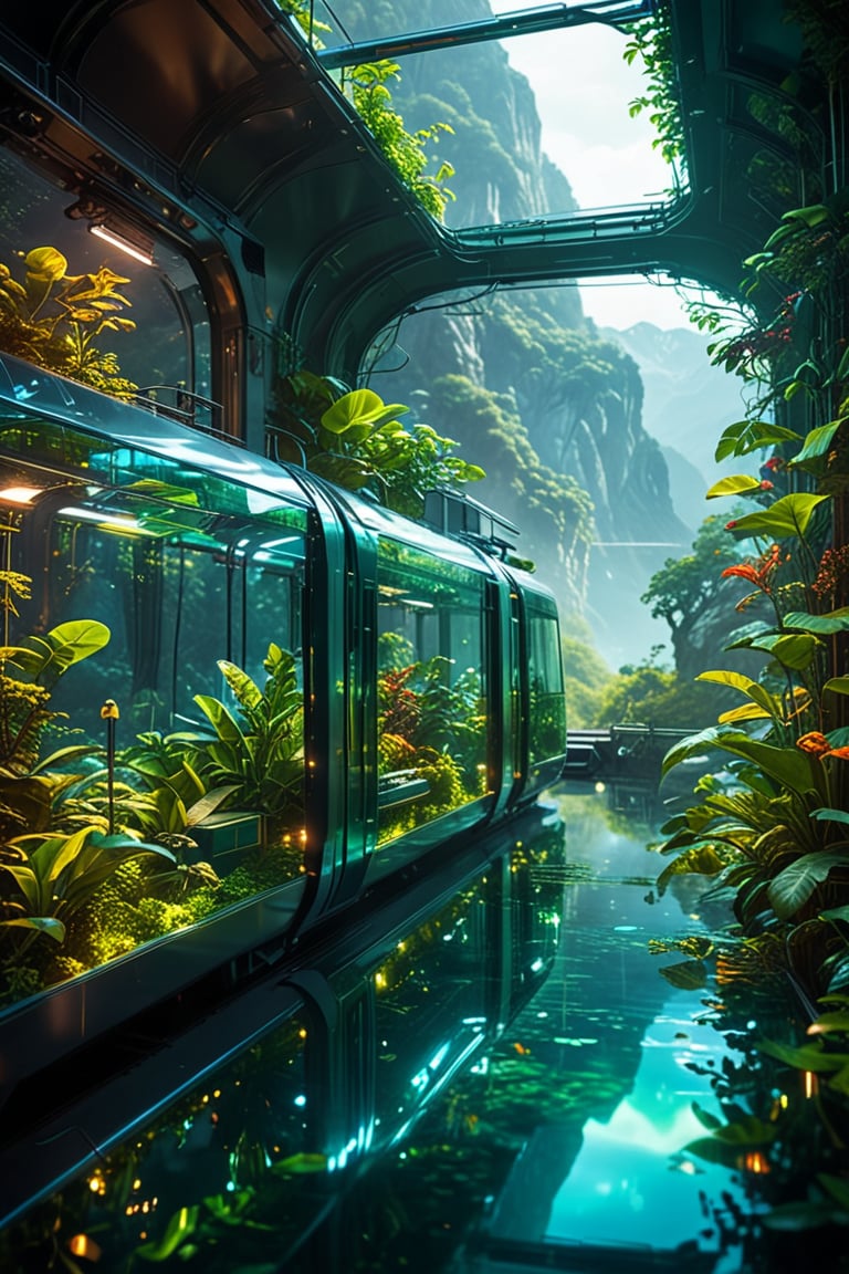 futuristic and cinematic scene, an advanced train with a sleek transparent glass exterior, traveling through a breathtaking landscape, with mountains on distant, the train's interior is filled with vibrant green plants, creating a miniature greenhouse effect, The surrounding environment is bathed in soft ethereal light filtering through gaps in the dense foliage, casting a glow on the reflective water below, the atmosphere is serene and otherworldly, combining elements of nature and futuristic technology, , , , 