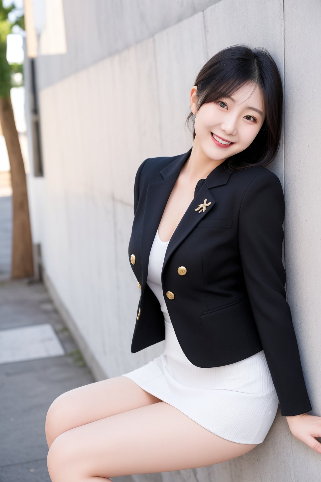 Beautiful Japanese woman, beautiful mature woman, elegant sex appeal, sexy, cotton tight skirt, blazer, leaning against wall, smiling, round face, thighs,