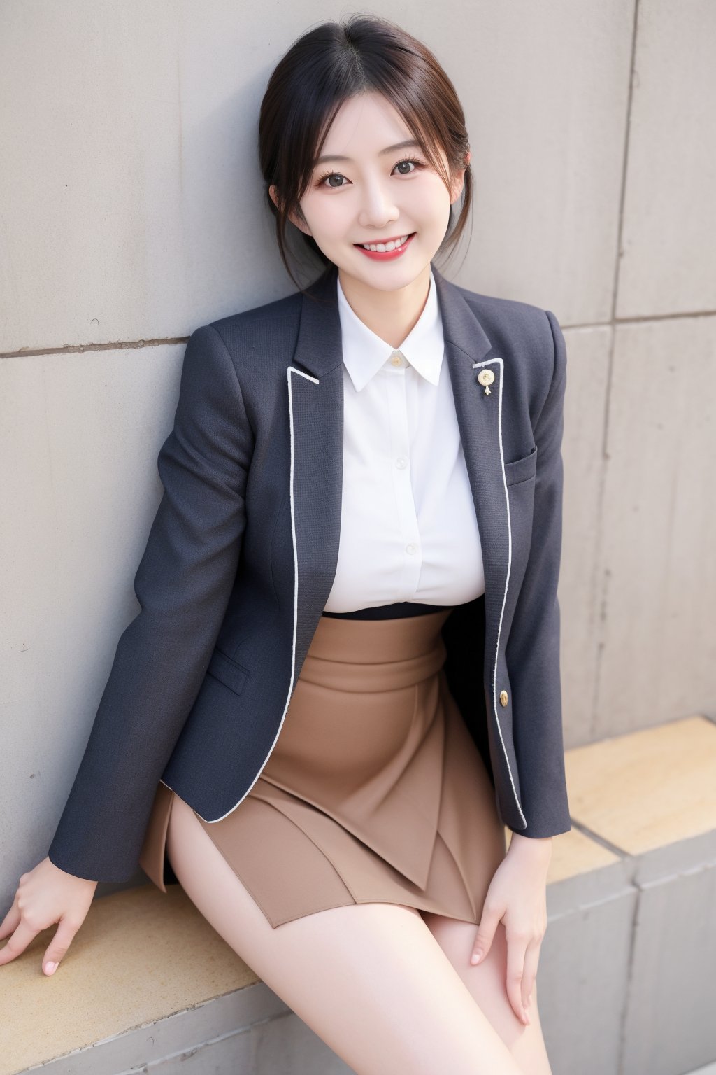 Beautiful Japanese woman, beautiful mature woman, elegant sex appeal, sexy, cotton tight skirt, blazer, leaning against wall, smiling, round face, thighs,