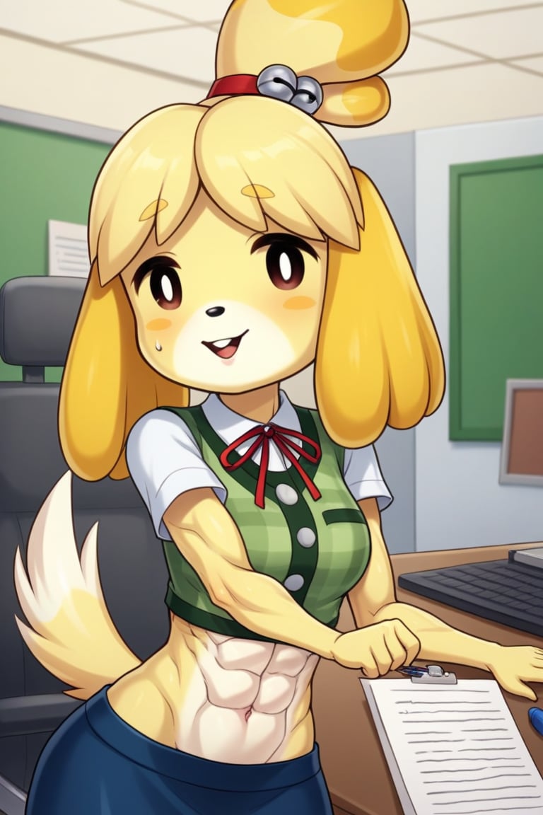 isabelle \(animal crossing\), short sleeve, work attire, blue skirt, red ribbon tie, midriff, abs, dog girl, furry, digital artwork, artwork_(digital), croptop,workplace,1girl