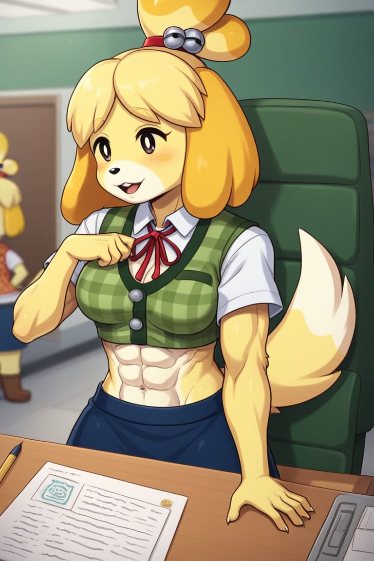 isabelle \(animal crossing\), short sleeve, plaid vest, work attire, blue skirt, red ribbon tie, midriff, abs, dog girl, furry, digital artwork, artwork_(digital), croptop,workplace,1girl, anthrofur,anthro 