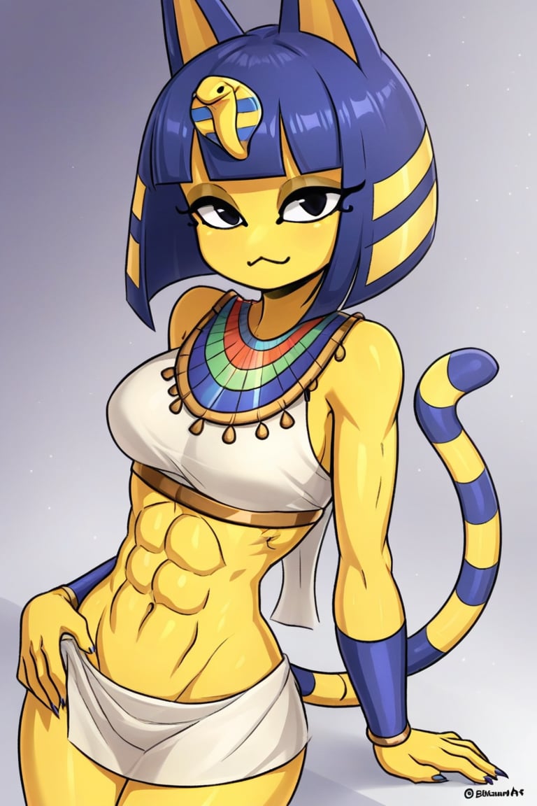 Sleeveless, white dress ,midriff, abs, catgirl, furry, digital artwork, artwork_(digital), croptop,ankha (animal crossing),bare_midriff, Egyptian,egypt, 1girl,smug, sideview