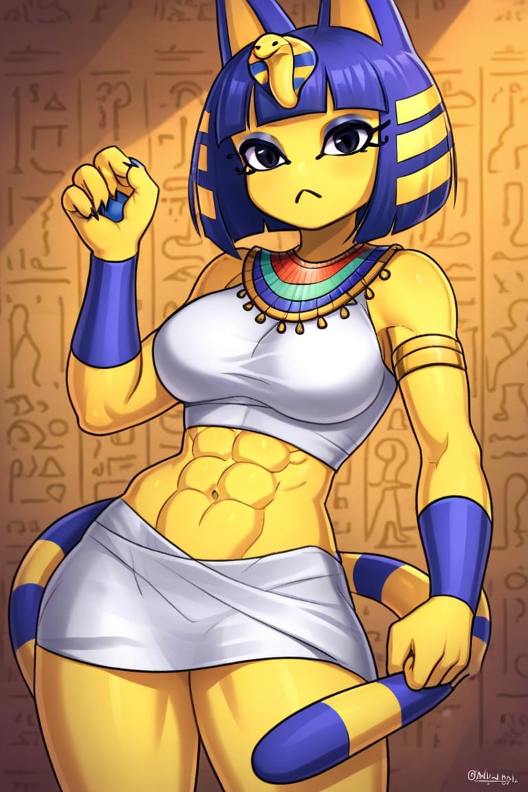 Sleeveless, white dress ,midriff, abs, catgirl, furry, digital artwork, artwork_(digital), croptop,ankha (animal crossing),bare_midriff, Egyptian,egypt, 1girl