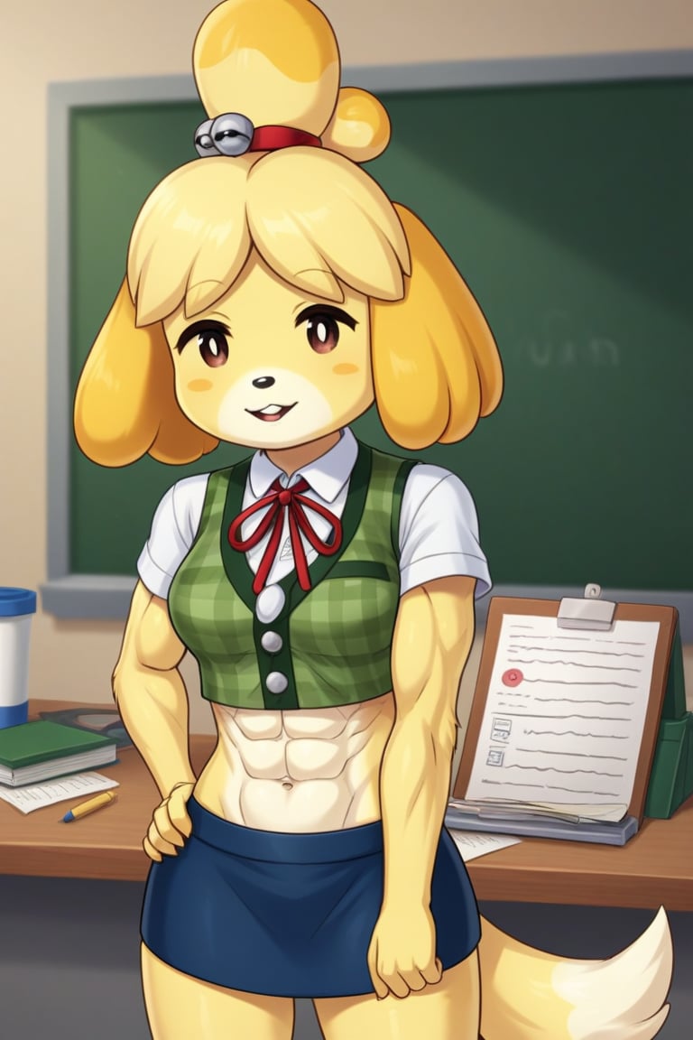 isabelle \(animal crossing\), short sleeve, plaid vest, work attire, blue skirt, red ribbon tie, midriff, abs, dog girl, furry, digital artwork, artwork_(digital), croptop,workplace,1girl, anthrofur,anthro 