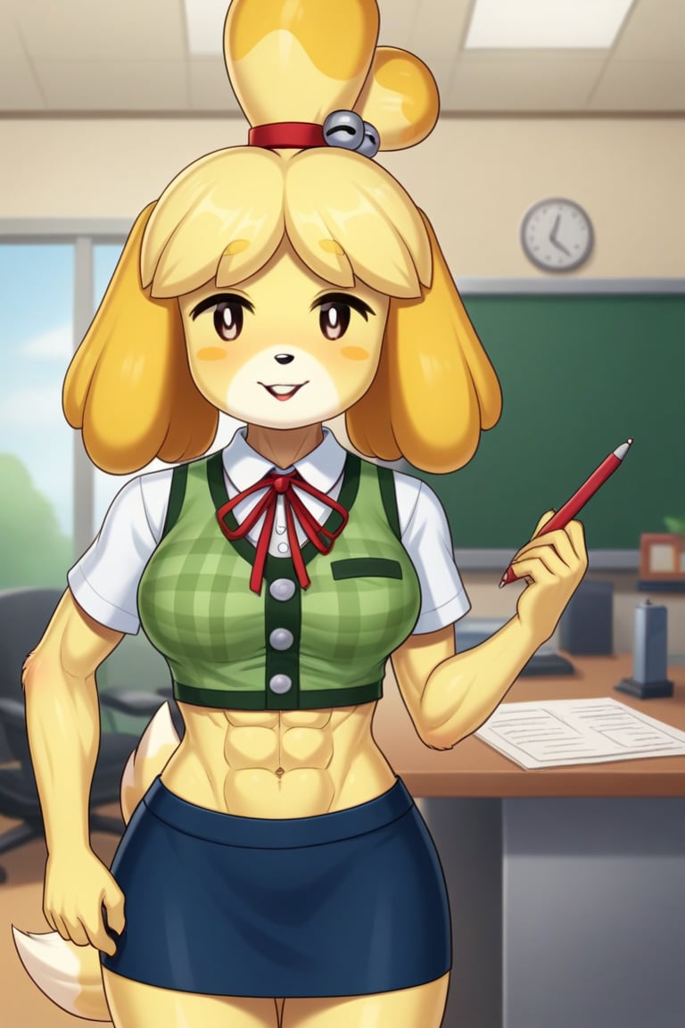 isabelle \(animal crossing\), short sleeve, work attire, blue skirt, red ribbon tie, midriff, abs, dog girl, furry, digital artwork, artwork_(digital), croptop,workplace,1girl, anthrofur,anthro 