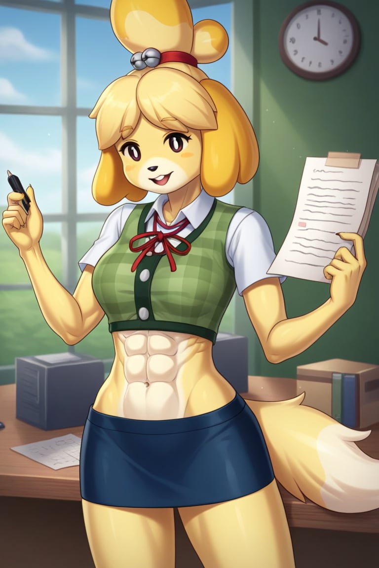 isabelle \(animal crossing\), short sleeve, work attire, blue skirt, red ribbon tie, midriff, abs, dog girl, furry, digital artwork, artwork_(digital), croptop,workplace,1girl, anthrofur,anthro 